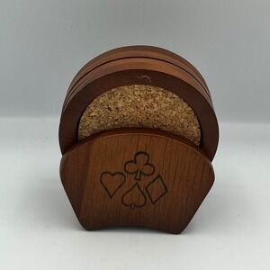 Vintage Milbern Taiwan Wood &‎ Cork Coasters Set With Holder Card Suits Design